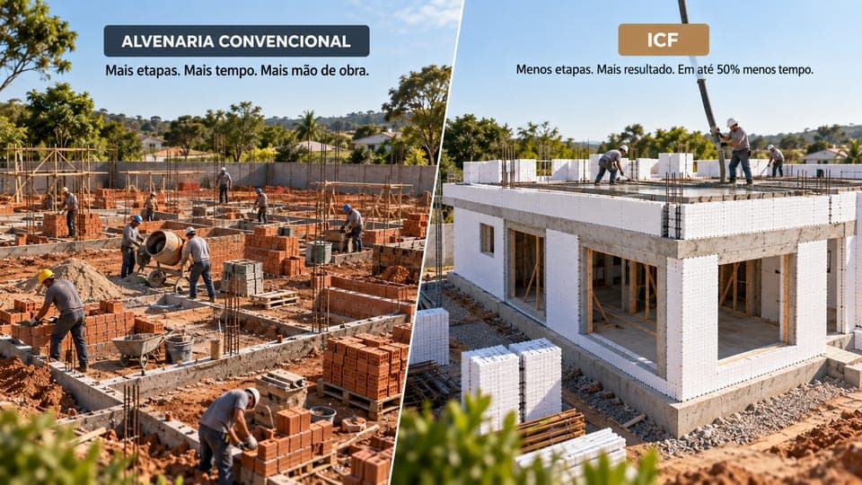 Comparativo entre obra em alvenaria convencional e obra em ICF, mostrando a construção em ICF avançando mais rápido