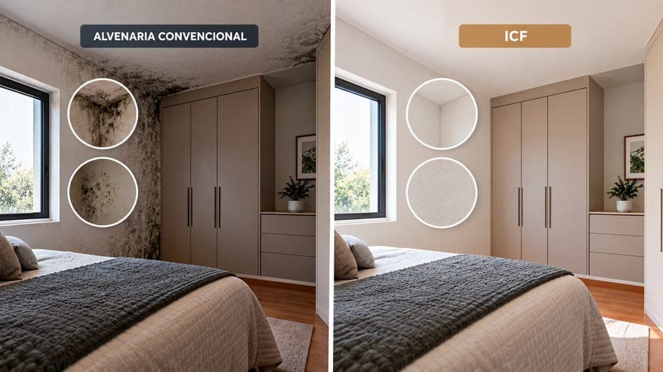 Comparativo entre parede de alvenaria com mofo e parede em ICF sem umidade